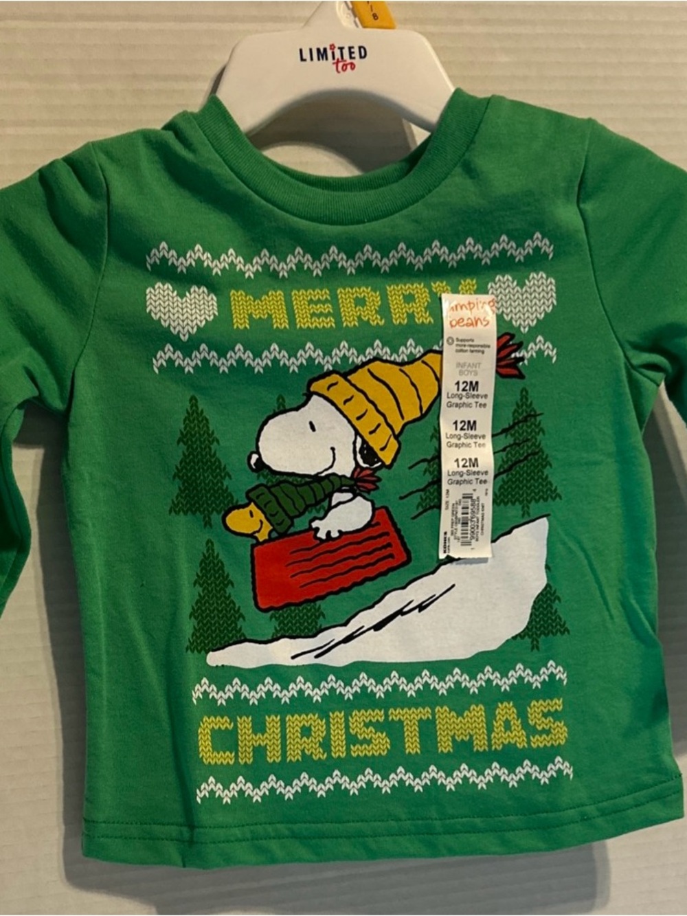 NWT Snoopy Kids' Green 'Merry Christmas' Long Sleeve Tee